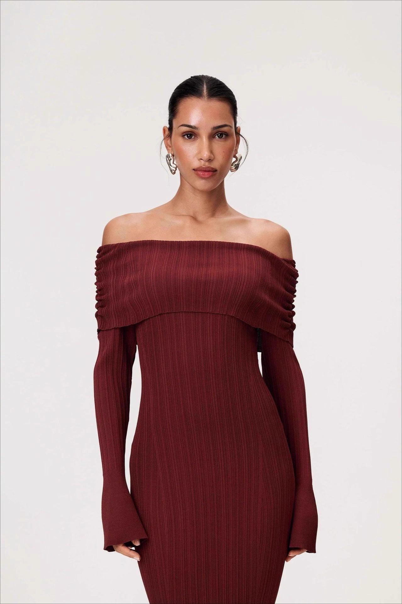 Solid Ruched OffShoulder Knit Bodycon Dress