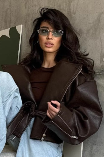 Elegant Retro Belted Biker Leather Jacket