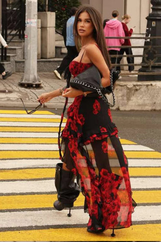 Ruched LowNeck Floral Dress
