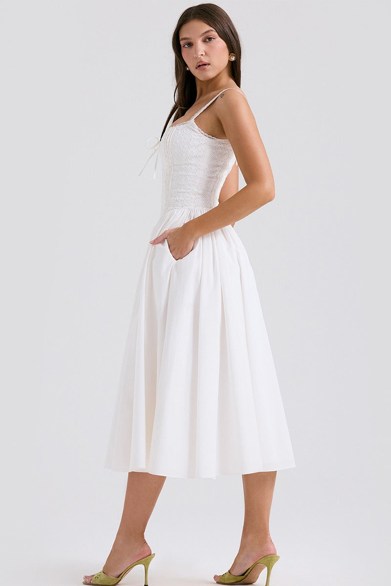 White Lace Spaghetti Strap Midi Dress