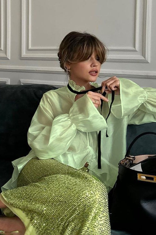 Sheer Bell-Sleeve Stylish Sexy Blouse