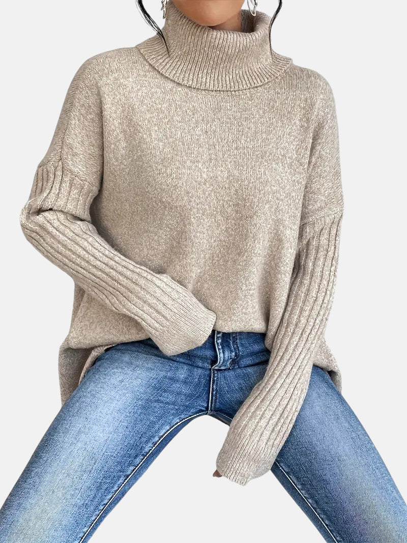 Turtleneck Ribbed Long Sleeve Oversized Longline Knit Sweater