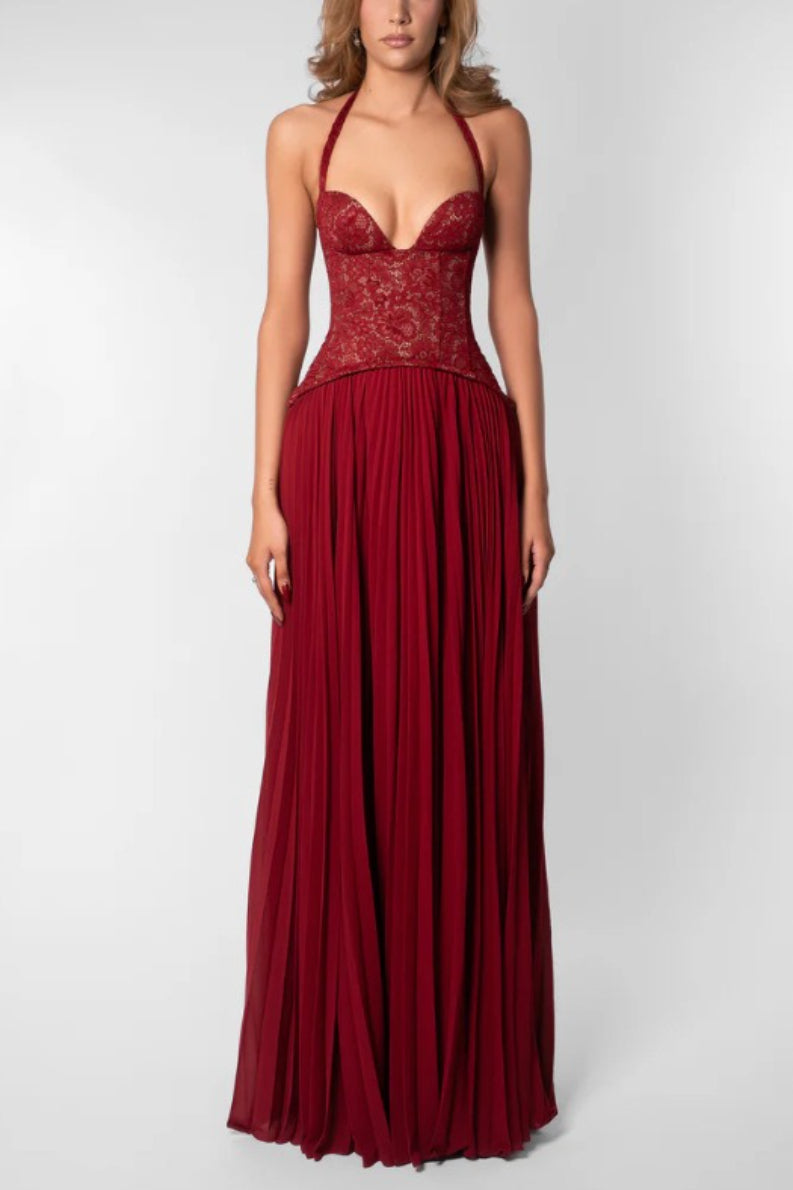 Halter Deep V Neck Lace Bodice Accordion Pleated Maxi Dress 7