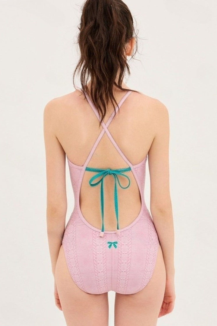 Cute Backless Bow Embroidered One Piece Swimwear