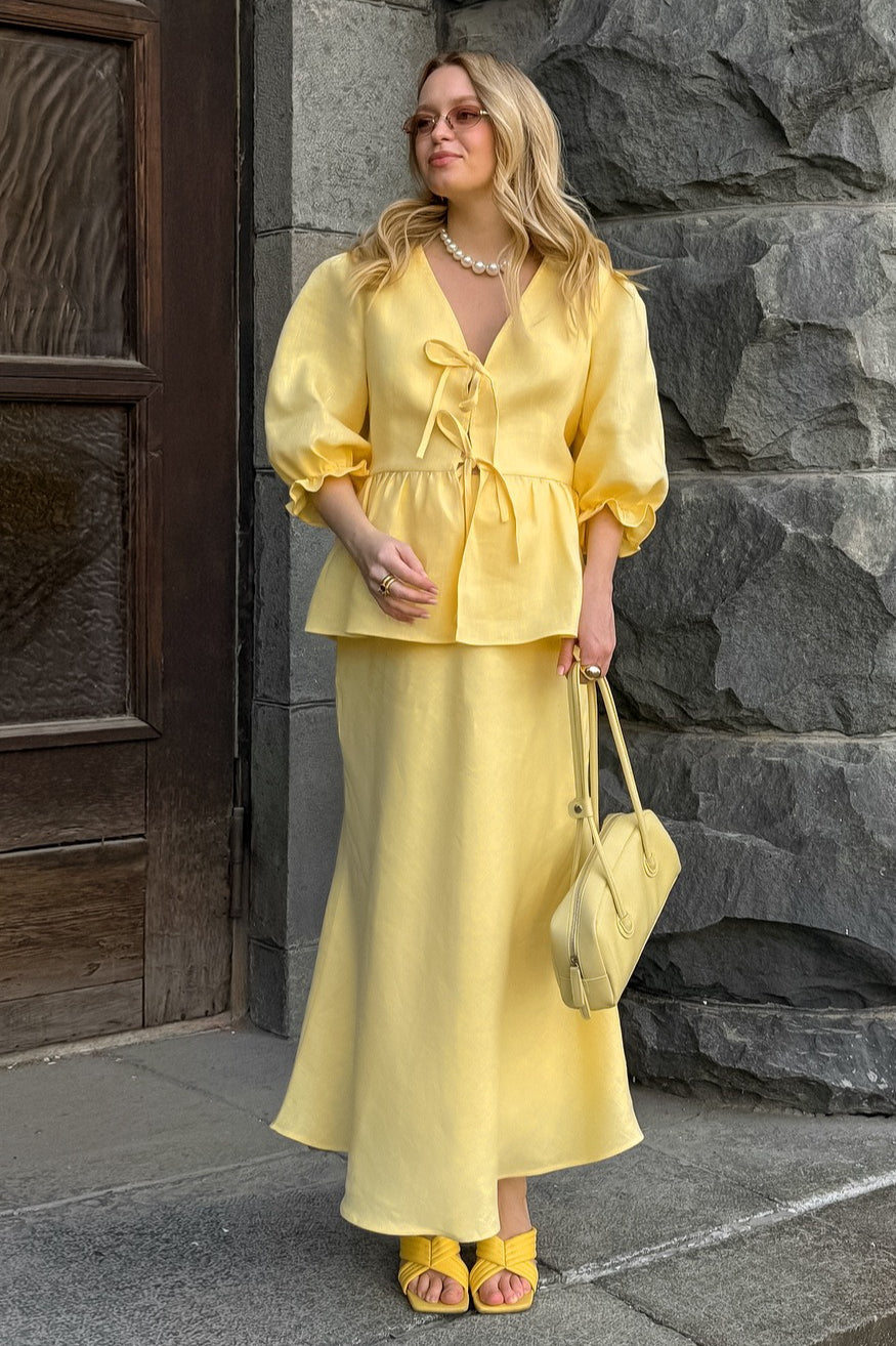 Resort Casual Cotton Linen Puff Sleeve Two Piece Skirt Set