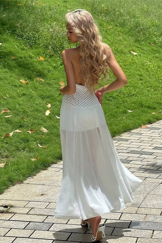 White Floral Print Polka Dot Backless Tie Maxi Dress 3