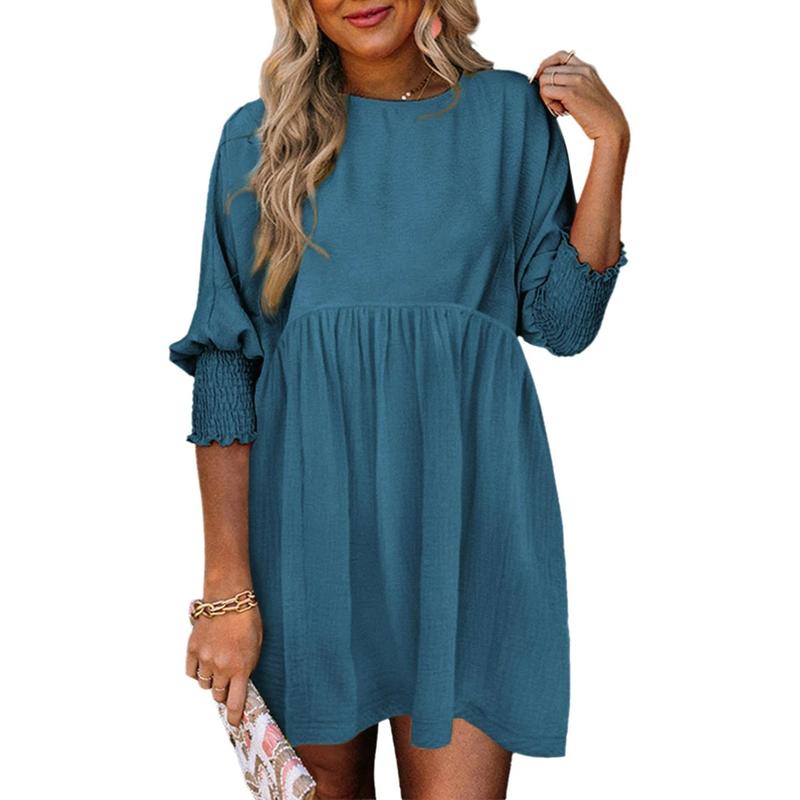 Round Neck Textured Smocked Cuff Sleeve Babydoll Mini Dress