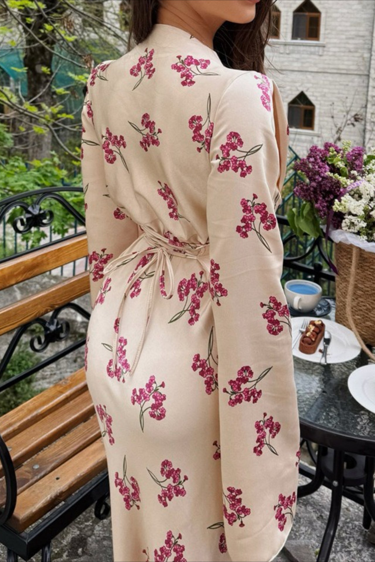 Deep V Neck Flared Sleeve Tiered Maxi Floral Print Dress 13