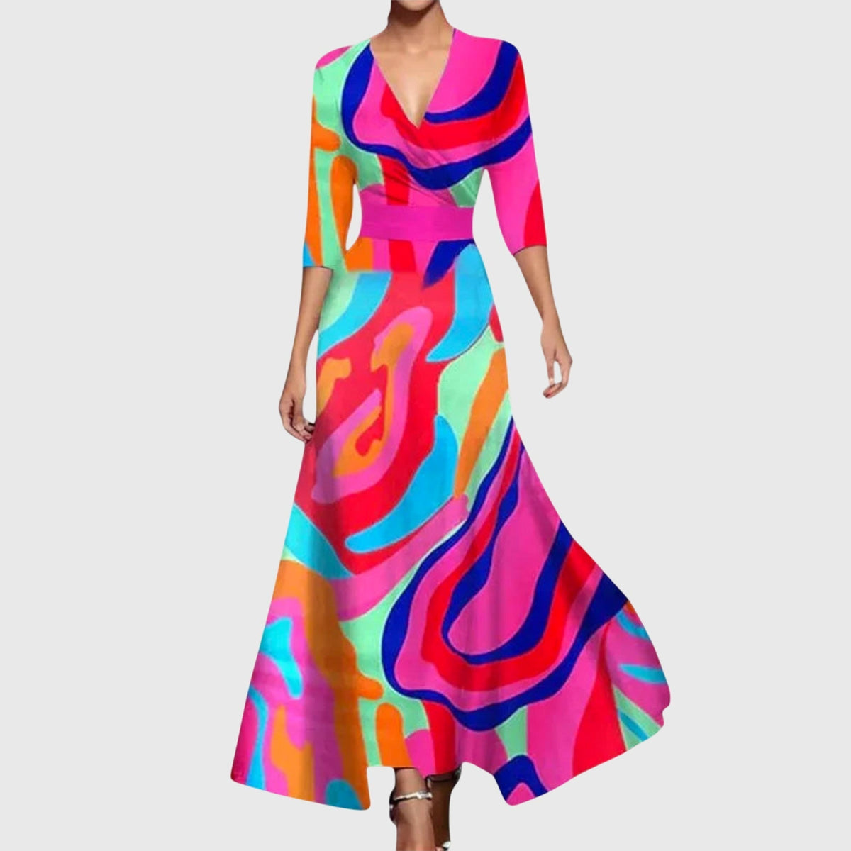 Surplice V-Neck Floral Print Satin Wrap A-Line Maxi Dress