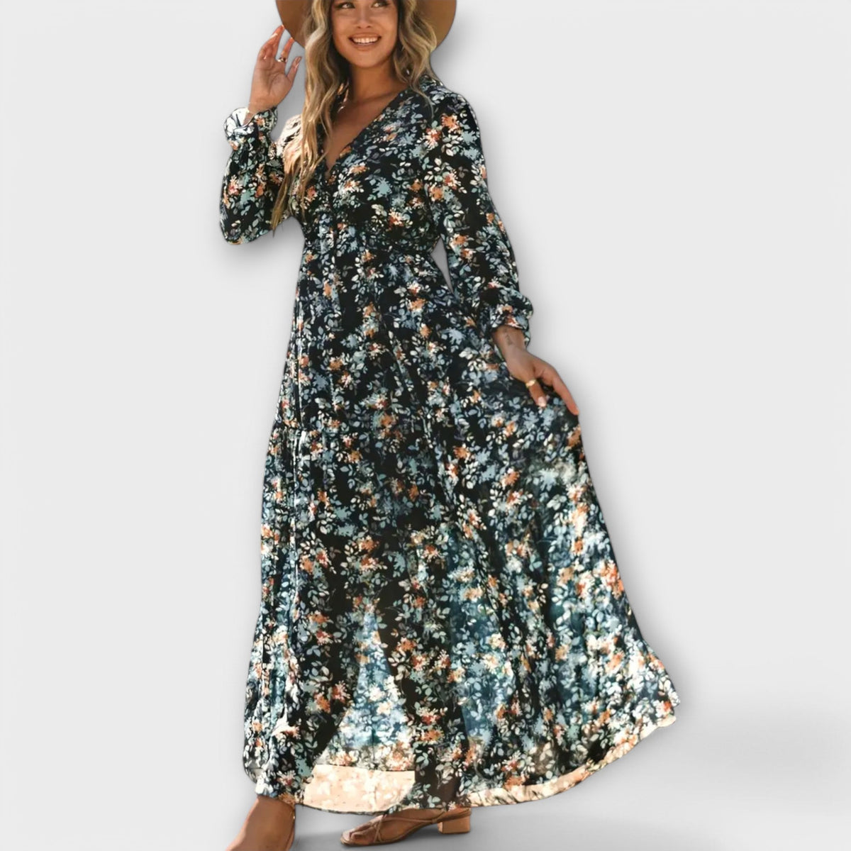 Ruffle V-Neck Floral Chiffon Long Sleeve Tiered Boho Maxi Dress