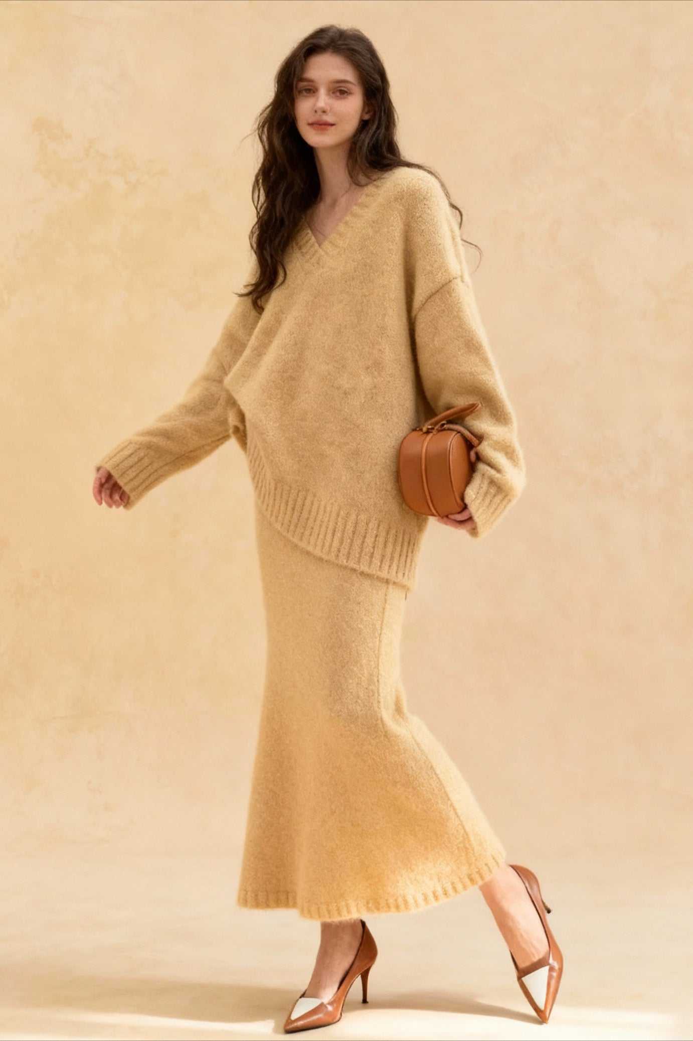 Lazy Vneck Knit Sweater Mermaid Skirt Two Piece Set