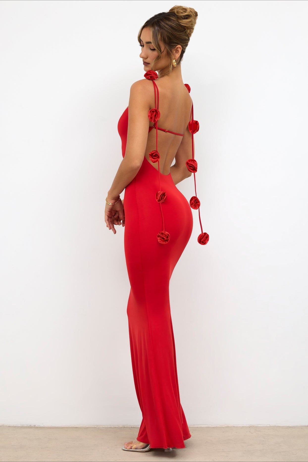 Backless Spaghetti Strap 3D Floral Long Party Dress