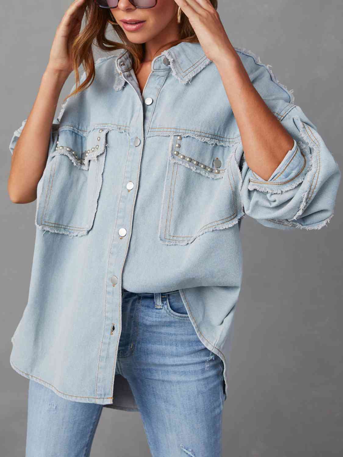 Button Down Raw Hem Denim Long Sleeve Top Jacket Misty Blue clothes denim shirt denim shirts long sleeve long sleeve shirt long sleeve shirts long sleeve top long sleeve tops Ship From Overseas Y.Y@Denim