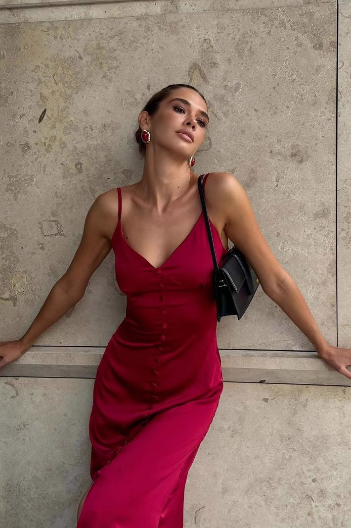 Solid LaceTrim Cami Maxi Silk Dress
