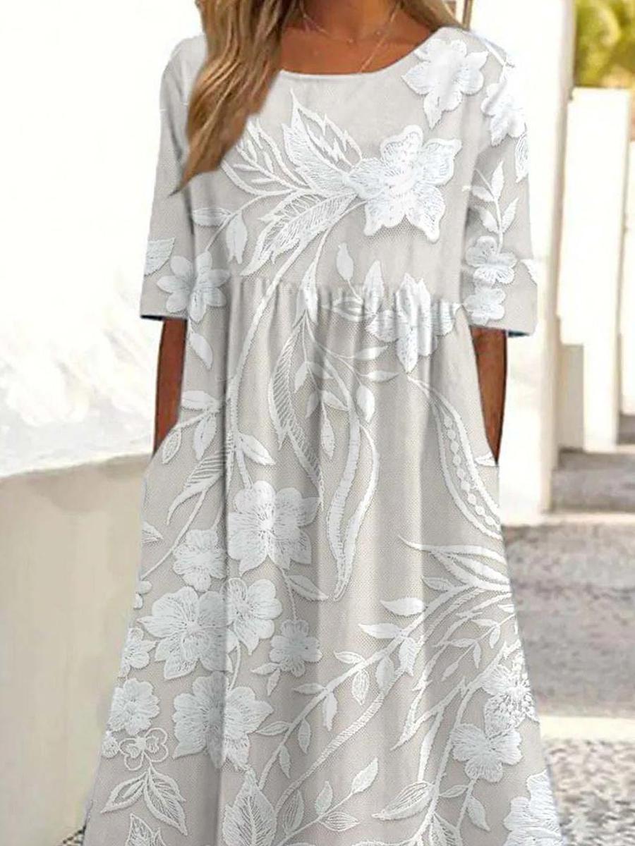 White Round Neck Floral Print Short Sleeve Pocket A-Line Maxi Dress