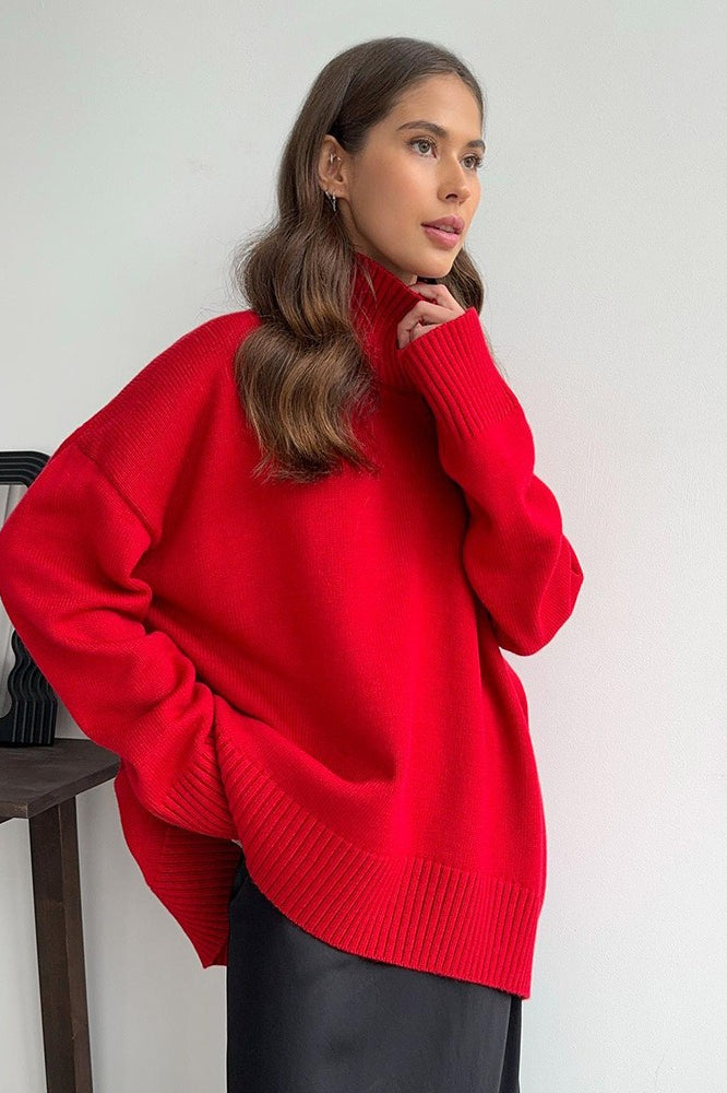 Solid High Neck Slouchy Slim-Fit Knit Sweater