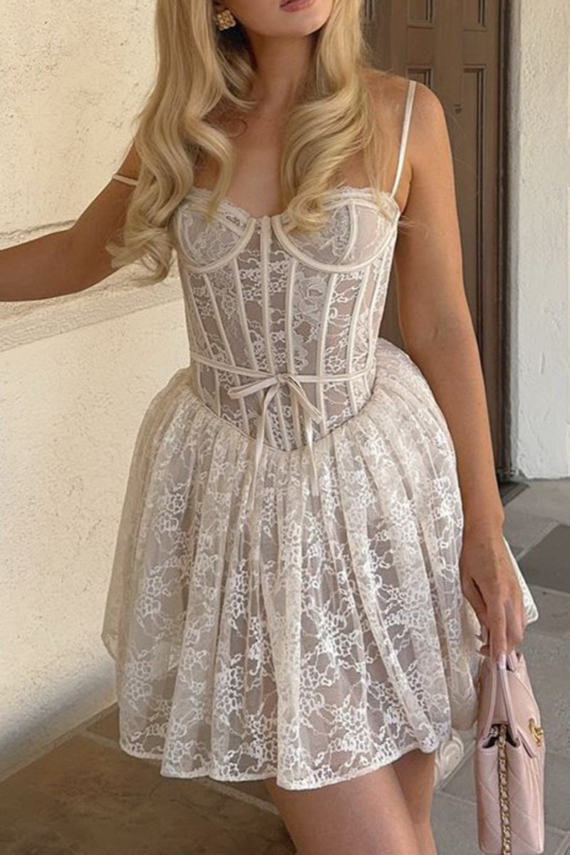 Lace Corset Bustier Sweetheart Spaghetti Strap Tiered Ruffle Mini Dress 4