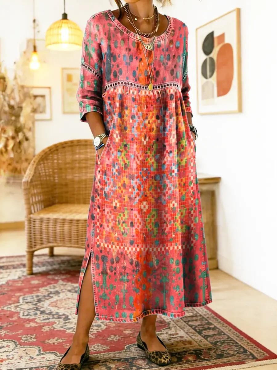 Printed Round Neck Ethnic Ikat Print Long Sleeve Pocket A-Line Maxi Dress