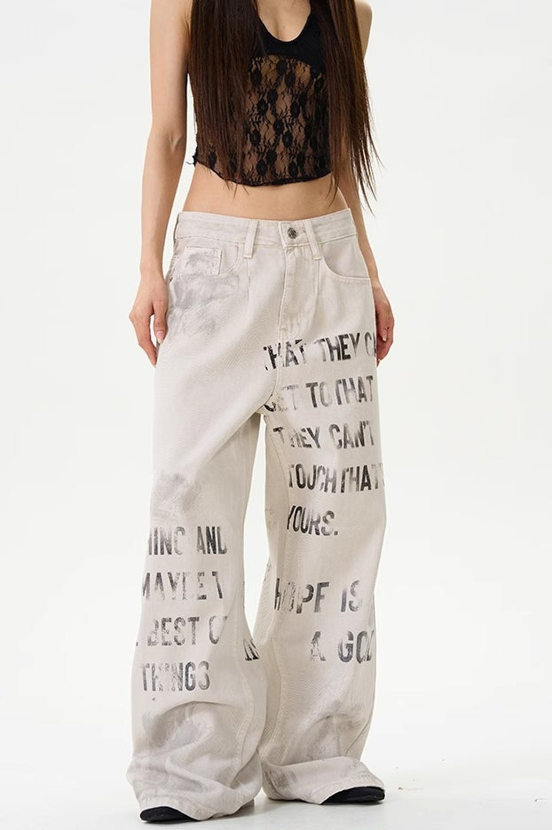 American Vintage Letter Graffiti Chic Slim Fit Jeans