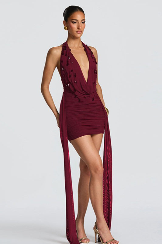 Deep V Halter Sash Teardrop Bodycon Party Dress