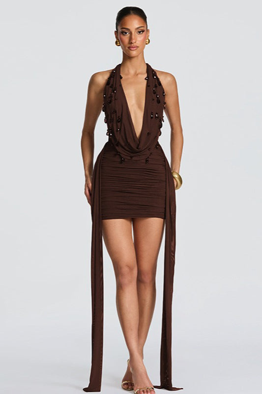 Deep V Halter Sash Teardrop Bodycon Party Dress