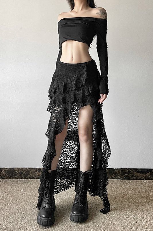 Lace Overlay Wave Detail Bodycon Skirt