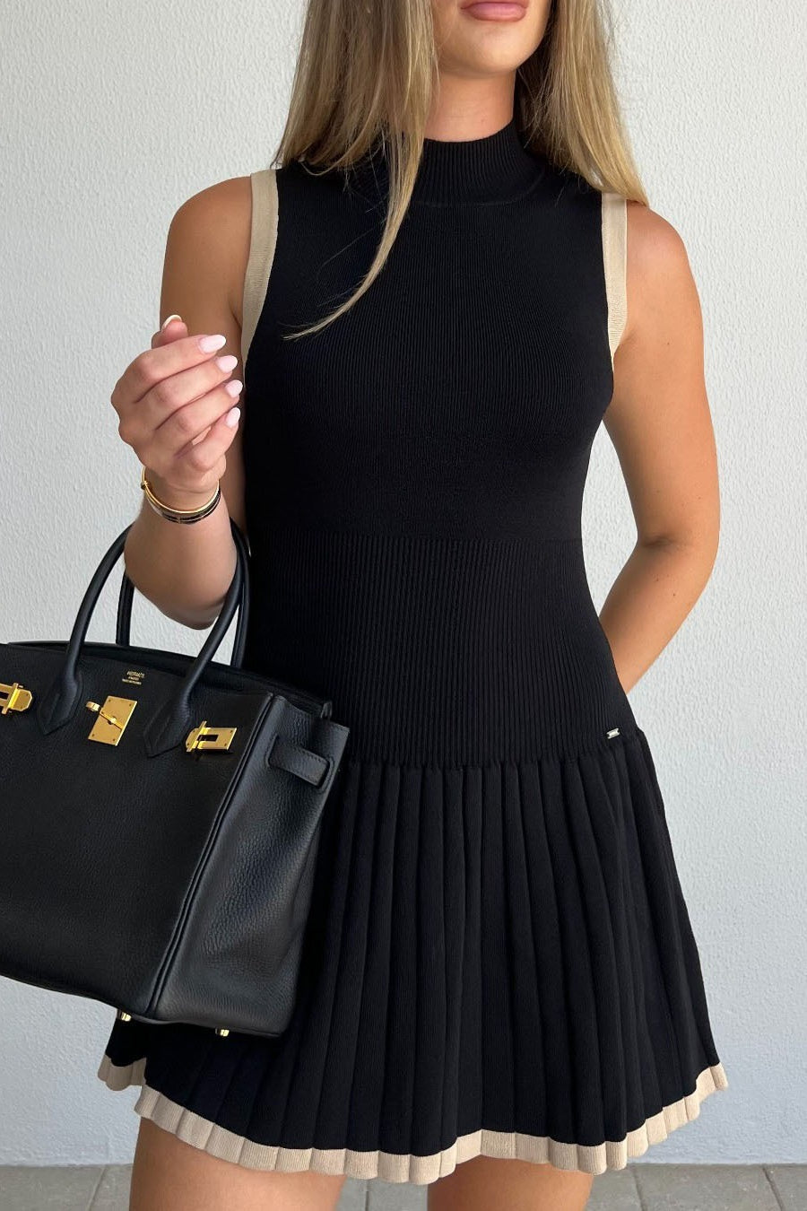 Ruched HighNeck Sleeveless Mini Sweater Dress