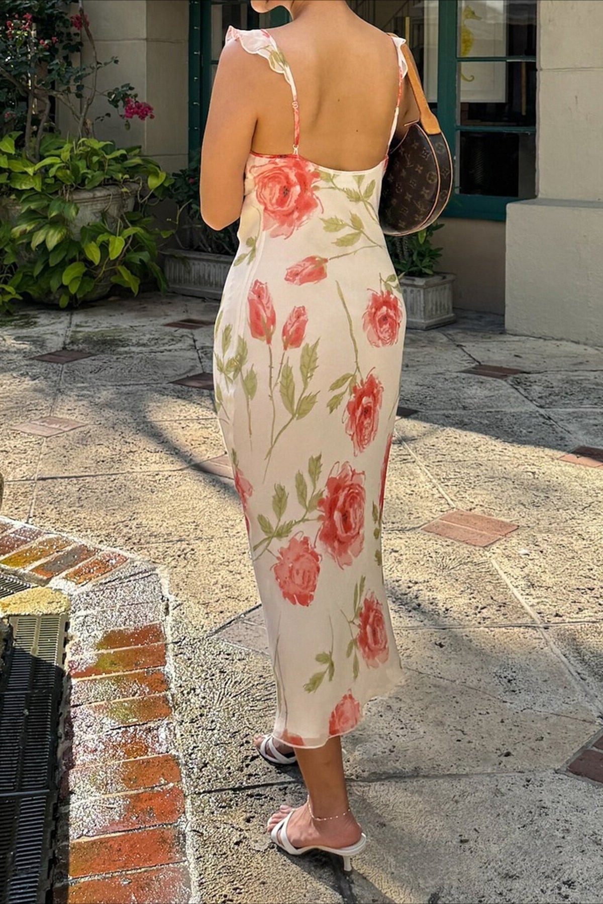 Open Back Pearl Bow Fitted Floral Dress