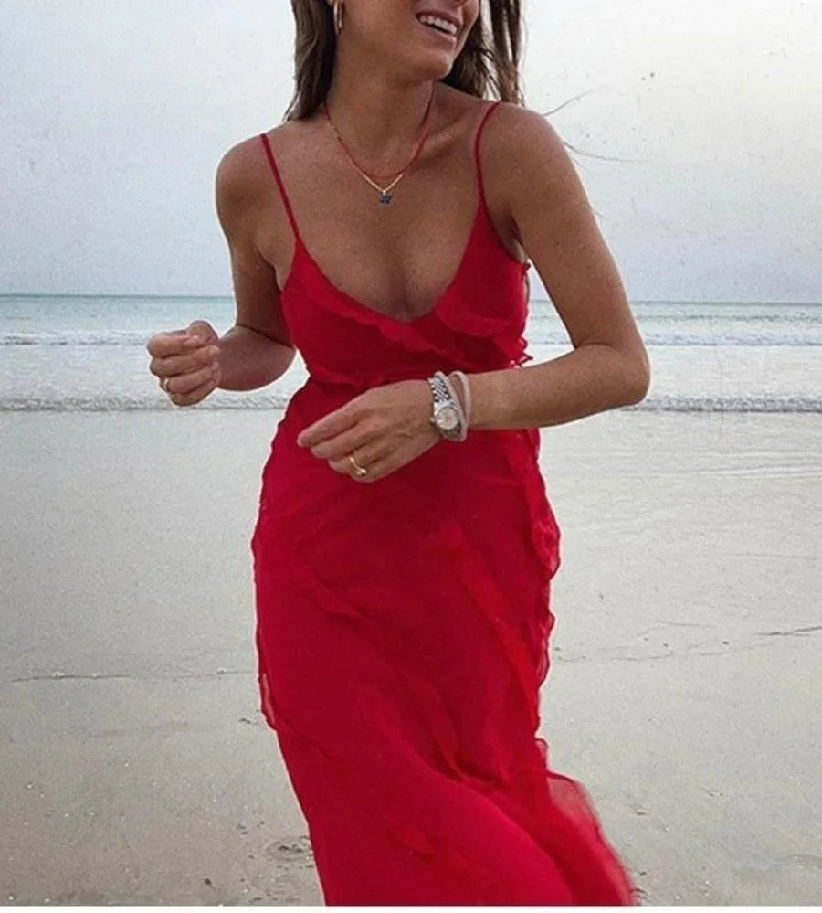 Elegant Ruffles Chiffon Backless Split Maxi Red Party Dress