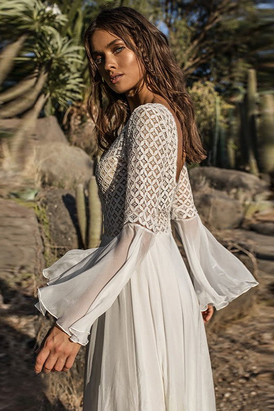 White Deep V Neck Crochet Bodice Bell Sleeve Pleated Maxi Dress 2