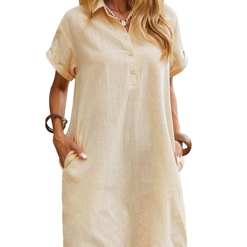Collared Button Placket Short Sleeve Linen Pocket Shirt Midi Dress 5