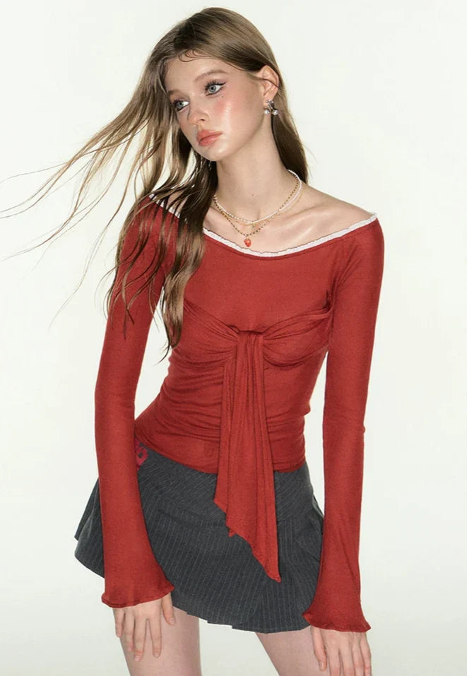 Red Long Sleeves Off-Shoulder Tie-Front Top