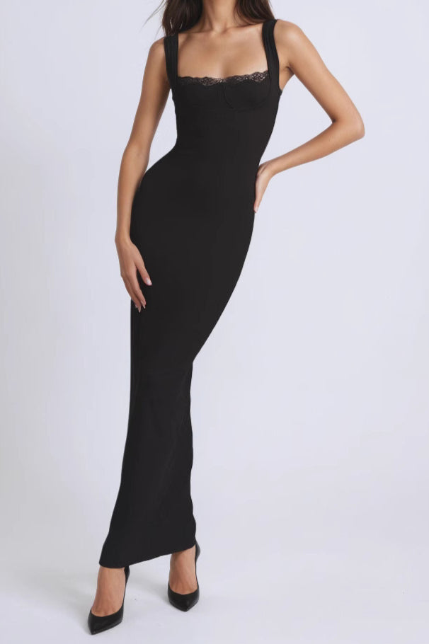 Black Lace Trim Strapless Bodycon Maxi Dress