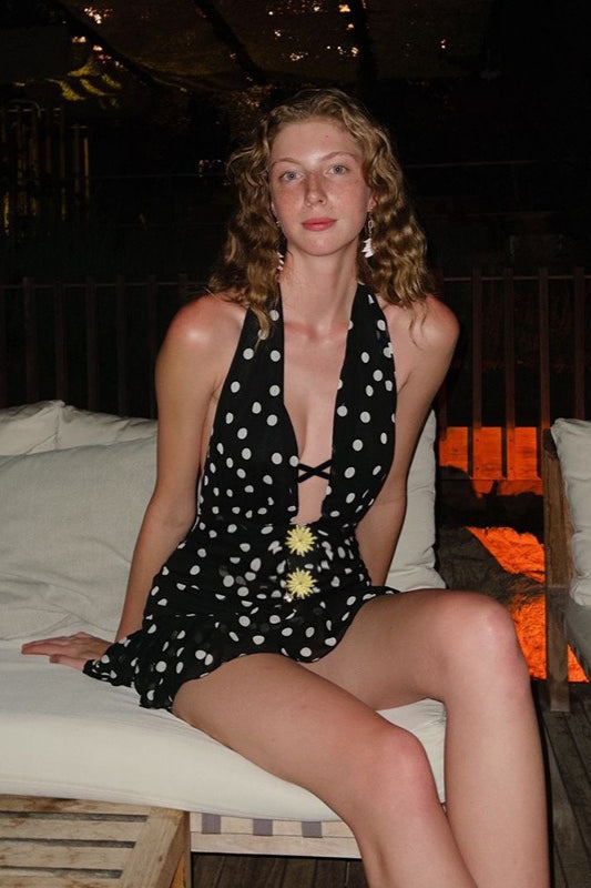 Black Halter Criss Cross Strap Daisy Accent Polka Dot Mini Dress