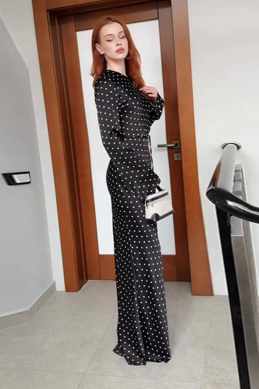 Black Polka Dot Long Sleeve Waist Tie Maxi Dress 2
