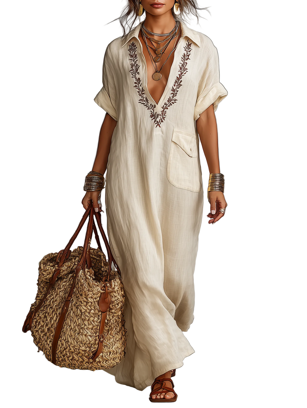 Beige Collared Embroidered V-Neck Linen Short Sleeve Kaftan Maxi Dress