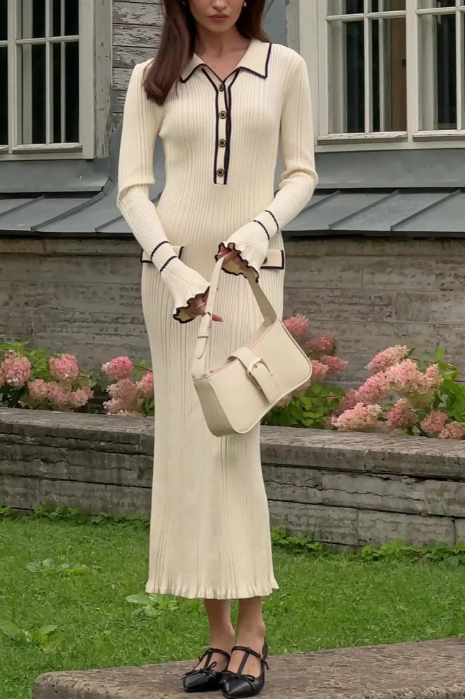 Chic Ruffled Collar SlimFit Knit Midi Sweater Dress