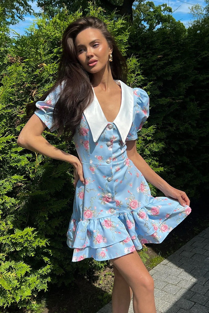 Oversized Collar Puff Sleeve Pearl Button Ruffle Tier Hem Floral Print Mini Dress 9