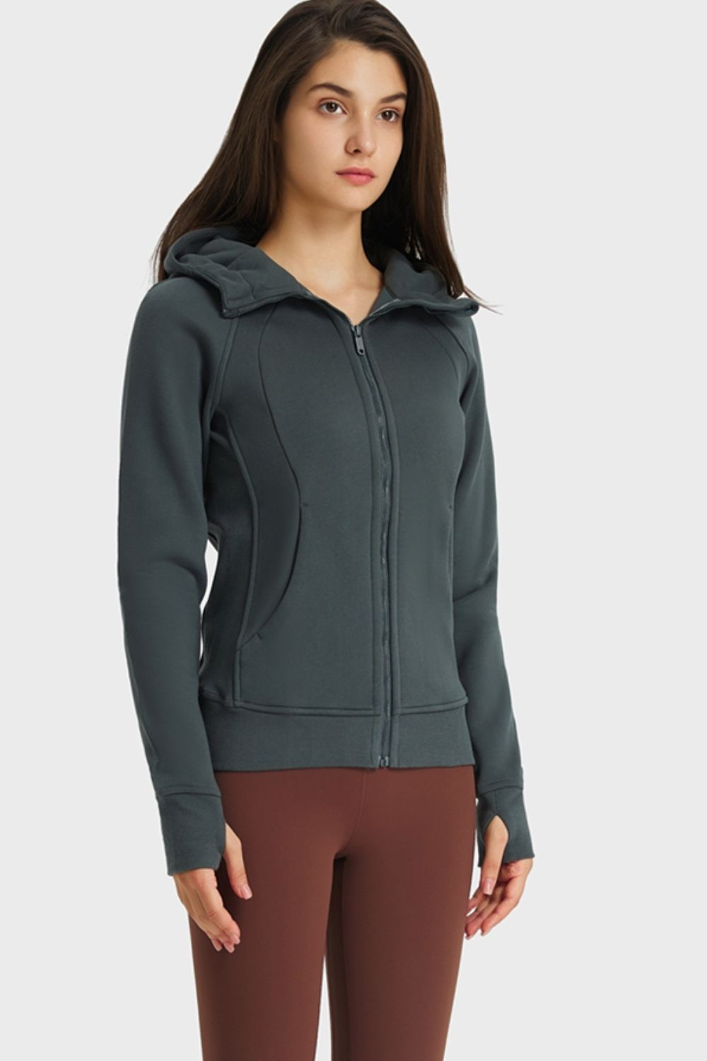 Zip Up Hooded Long Sleeve Thumbhole Fitted Sports Jacket
