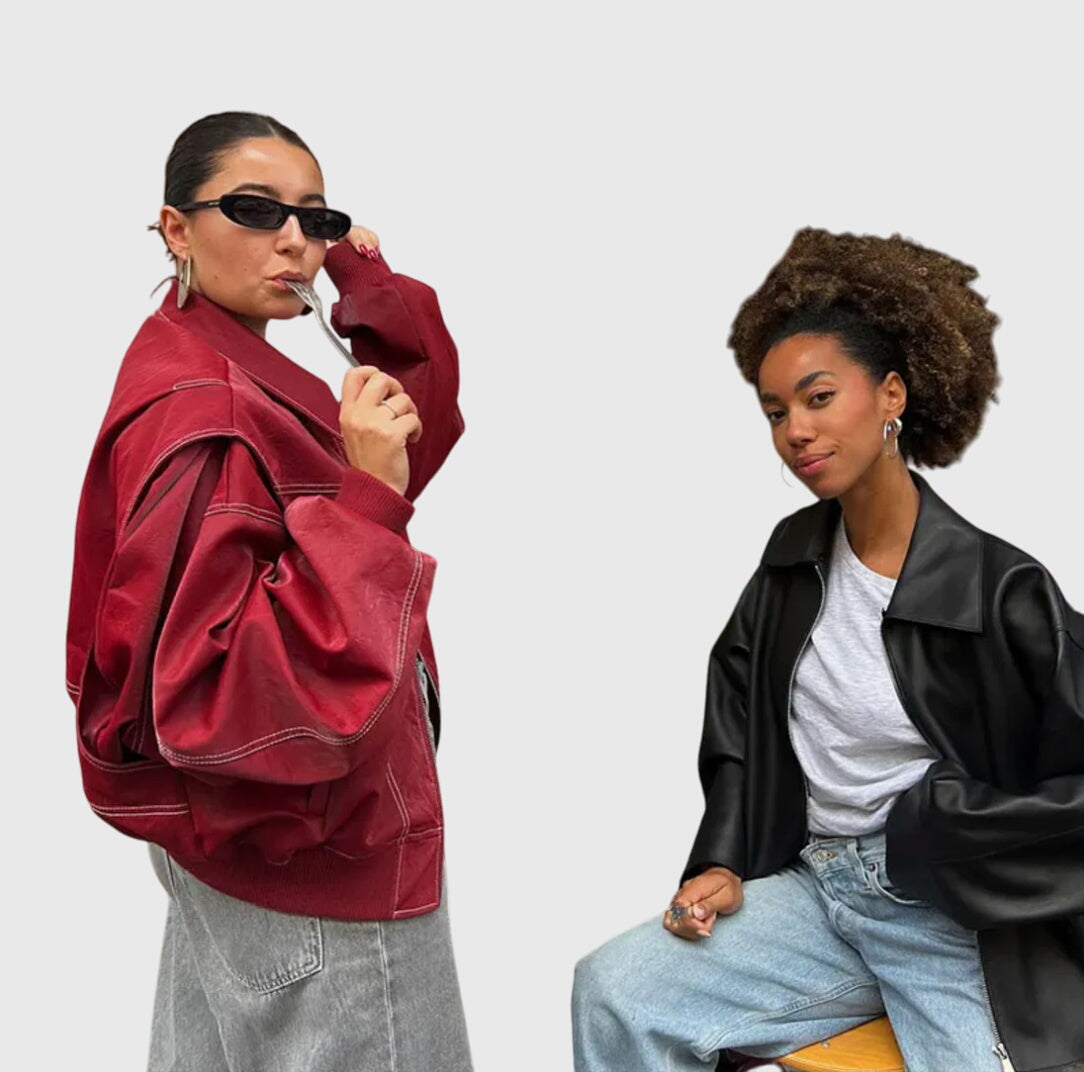 Red Spread Collar Contrast Stitch Oversized Leather Jacket