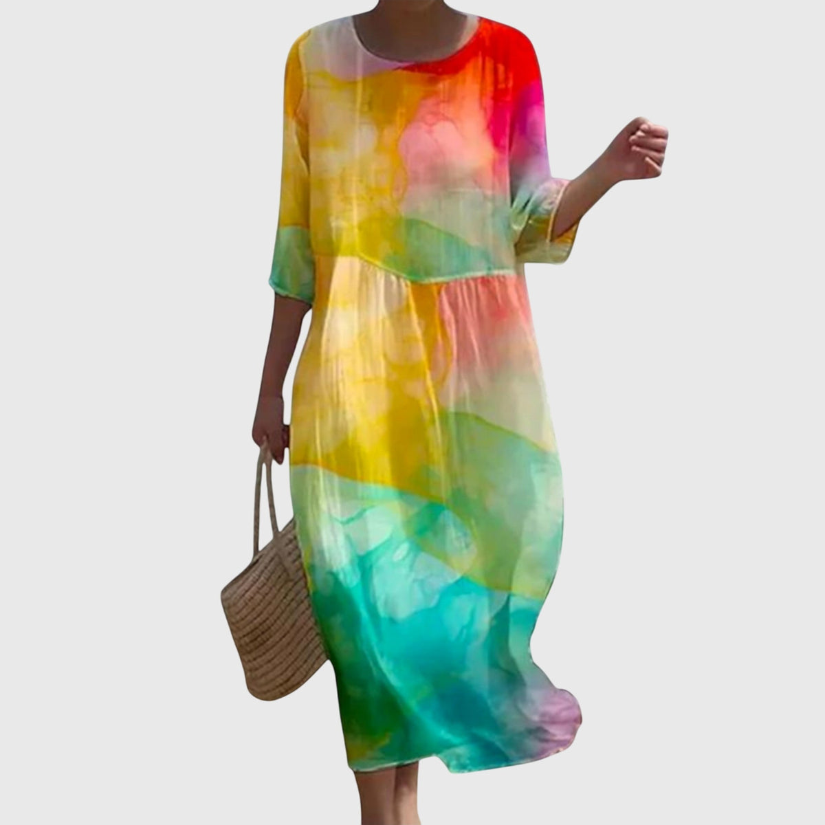 Round Neck Floral Print Three-Quarter Sleeve Shift Midi Dress