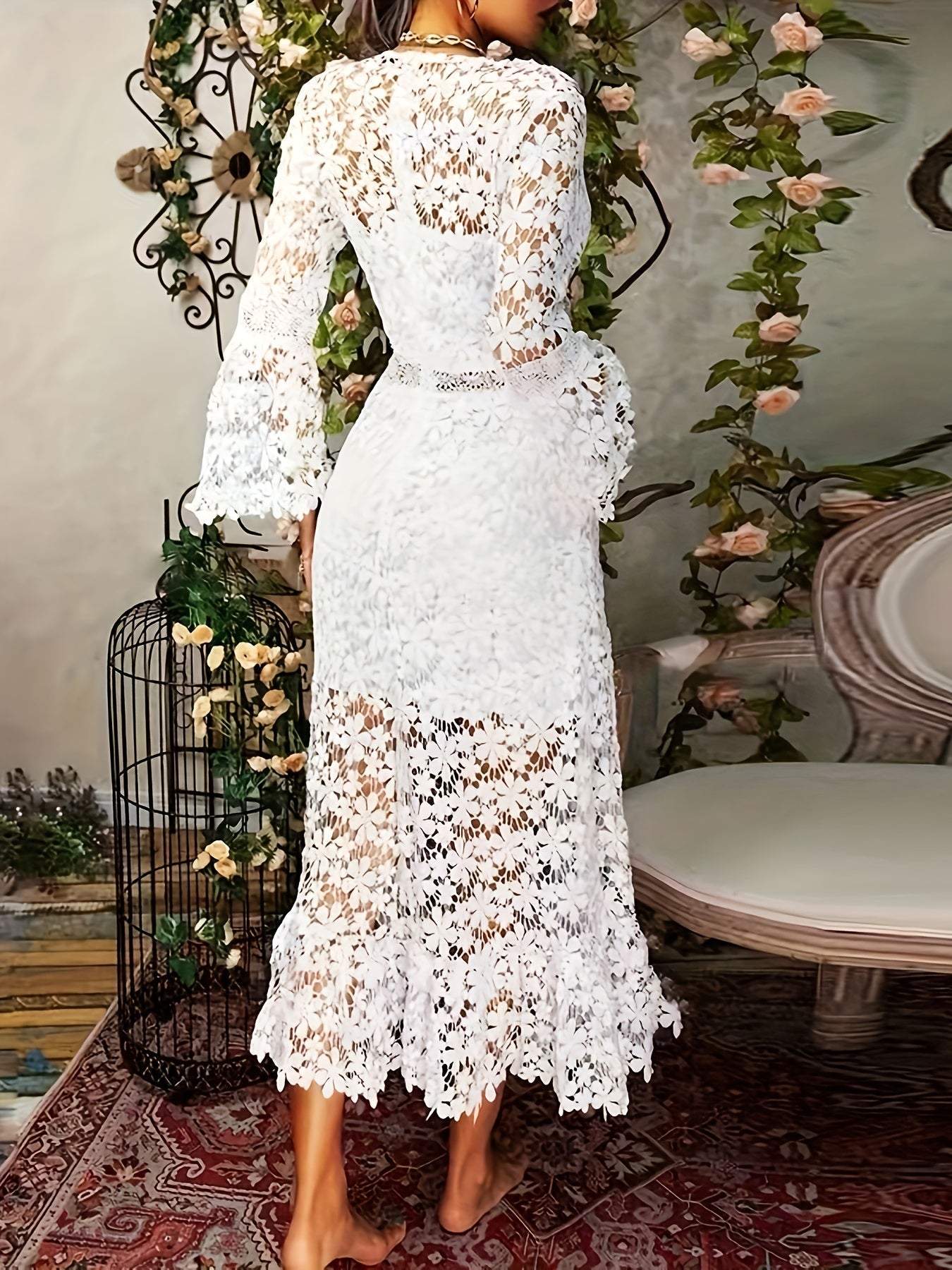 Gloria Boutique Cotton Guipure Lace V Neck Long Sleeves Aprons Cocktail Festive Dress for Women Collection