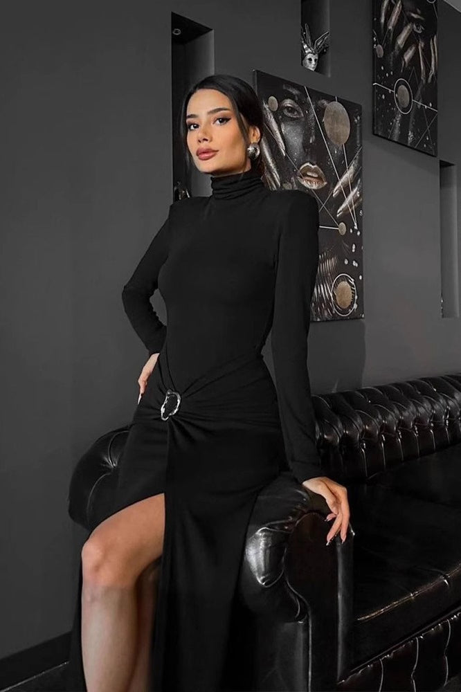 High Neck Ruched Split Midi Dress