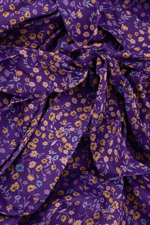 Purple Peter Pan Collar Short Sleeve Tie Waist Tiered Maxi Floral Print Dress 7