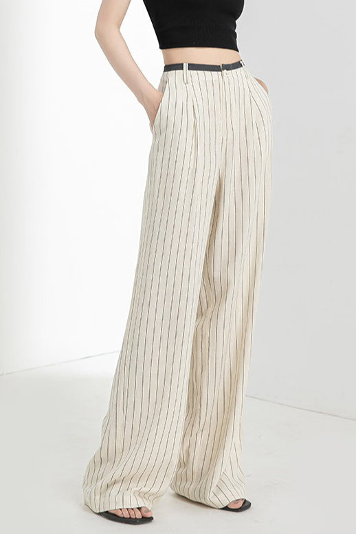 Linen High Waist Stripe Narrow Wide Leg Pants