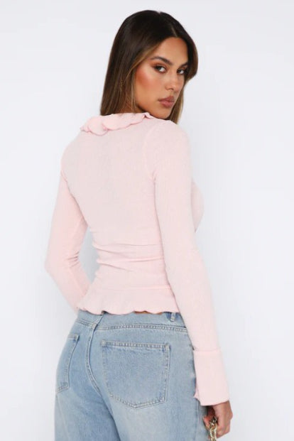 V Neck Ruffle Sleeve Button Blouse