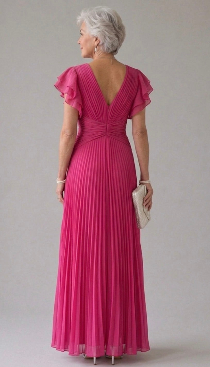 Round Neck Pleated Chiffon Flutter Sleeve Twist Front Maxi Gown 4