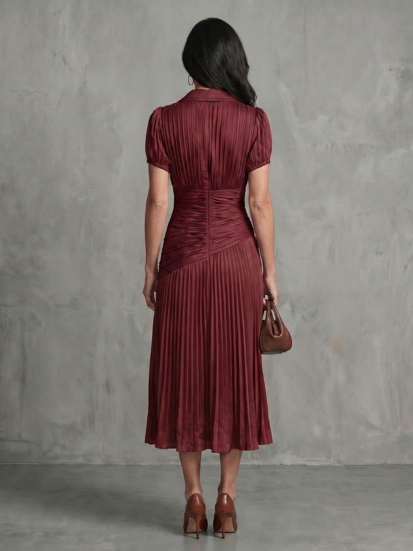 Collared Pinstripe Short Sleeve Ruched Waist Pleated Midi Dress