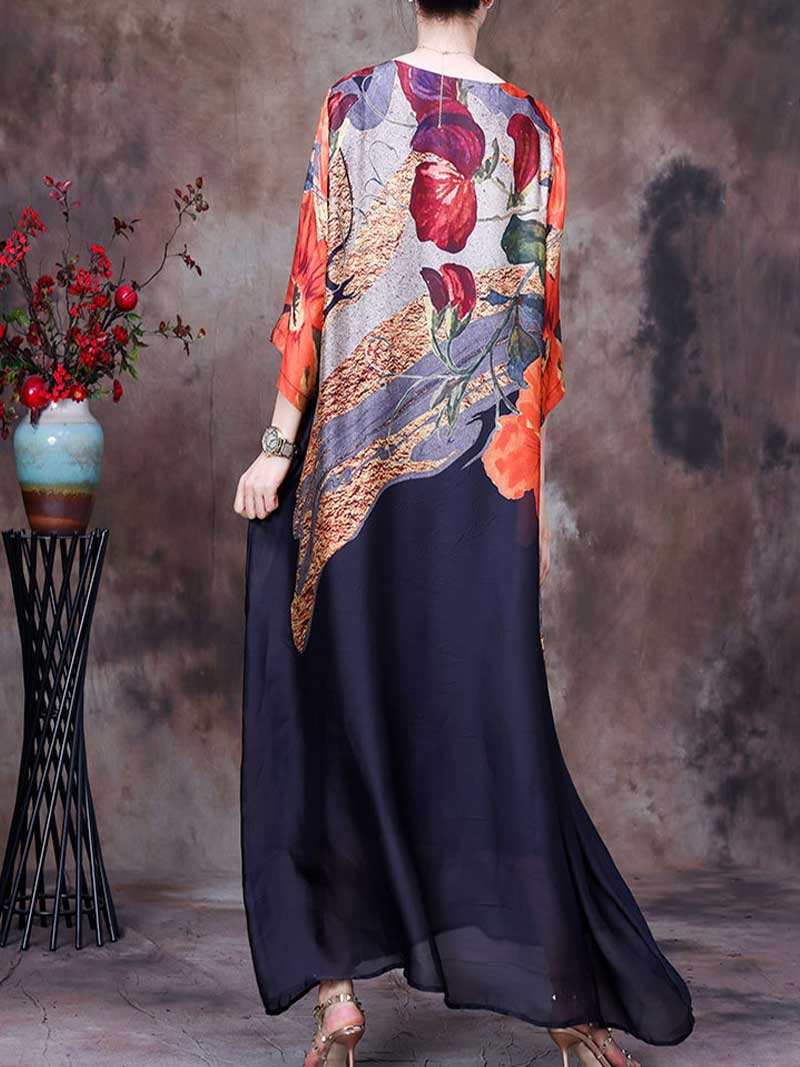 Round Neck Batwing Sleeve Floral Colorblock Loose Maxi Dress 3