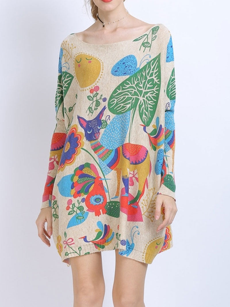 Boat Neck Abstract Print Long Sleeve Knit Mini Dress